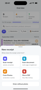 myBon Auswahl der Beleg-Quelle: Kamera, Dokumentenscanner, Fotos oder PDF