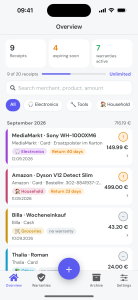 myBon Belegliste: Belege nach Monat mit Summe, Kategorien und Rueckgabefristen