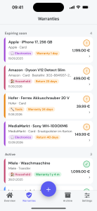 myBon Garantieuebersicht mit bald ablaufenden Garantie- und Rueckgabefristen