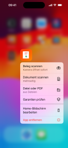 myBon Schnellaktionen am iPhone-Homescreen: Beleg scannen, Dokument scannen, Garantien pruefen