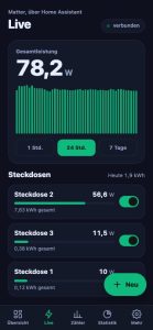 myEnergy Live-Ansicht mit Gesamtleistung und einzelnen Steckdosen