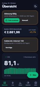 myEnergy Übersicht mit faelliger Ablesung, Jahreskosten und Live-Verbrauch