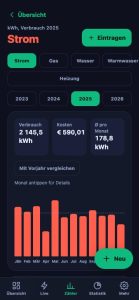 myEnergy Zaehler je Sparte mit Monatsverbrauch und Kosten