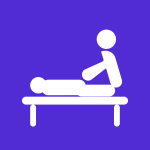 myPhysio Web-Symbol: Therapeutin behandelt Patient auf der Massageliege, auf violettem Grund